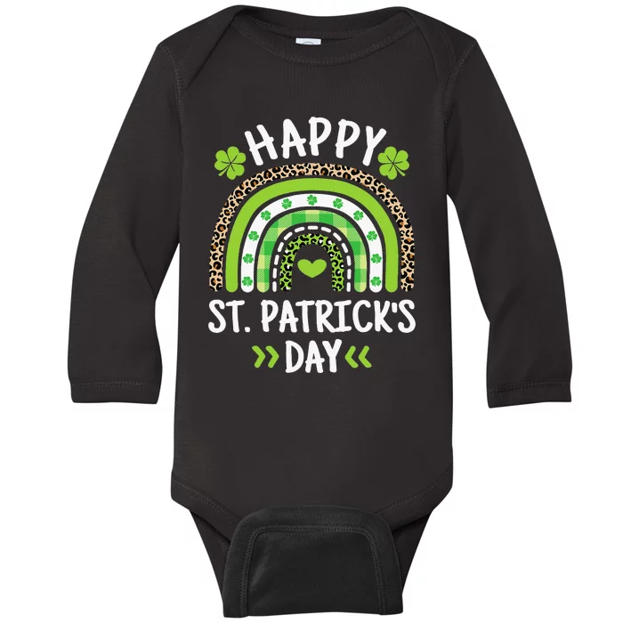 Happy St Patricks Day Leopard Print Rainbow Shamrock Irish Baby Long Sleeve Bodysuit