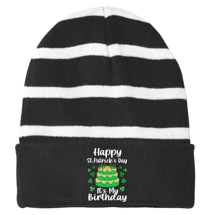 Happy St. Patrick's Day It's My Birthday Shamrock Irish Striped Beanie with Solid Band