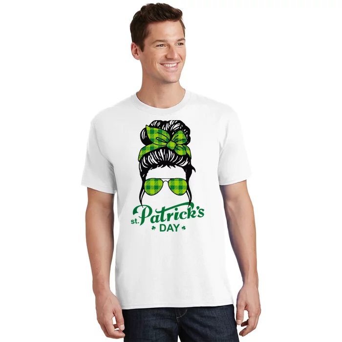 Happy St Patrick Day Funny Messy Bun Glasses Women T-Shirt