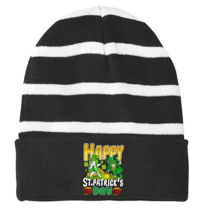 Happy St Patrick’s Day Unicorn Dab Striped Beanie with Solid Band