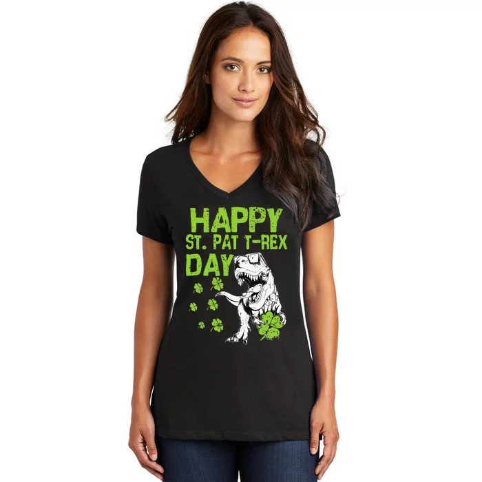 Happy St. Pat t-Rex Day Saint Shenanigan Clover Irishman Women's V-Neck T-Shirt