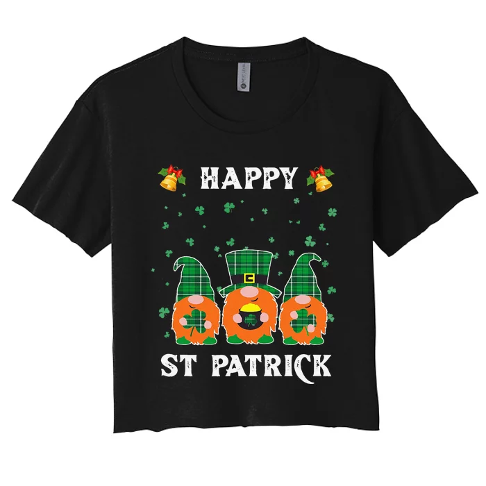 Happy St. Patrick's Day Funnyhree Gnomes Holding Shamrock Love Women's Crop Top Tee