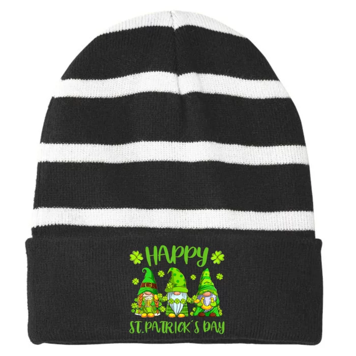 Happy St Patrick's Day Three Gnome Irish Shamrock Leprechaun Striped Beanie with Solid Band