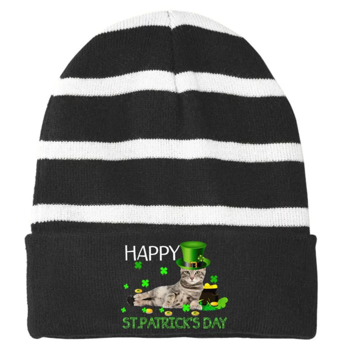 Happy Saint Patrick's Day Shamrock Leprechaun Cat Striped Beanie with Solid Band