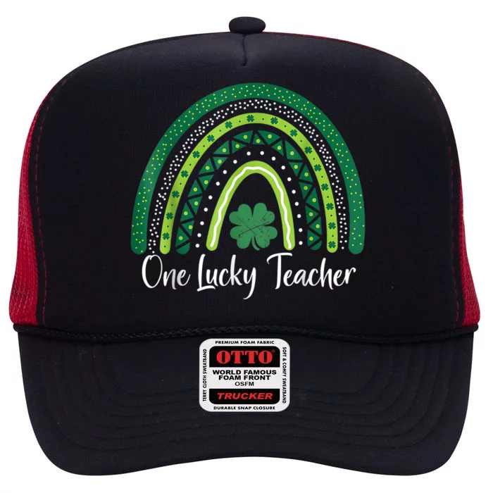 Happy St Patricks Day Cute One Lucky Teacher Rainbow Outfit High Crown Mesh Trucker Hat