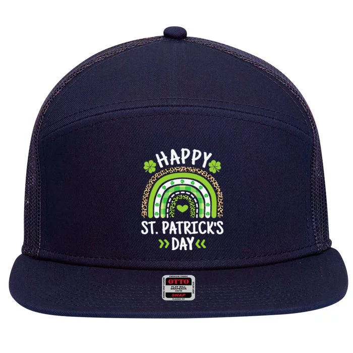 Happy St Patricks Day Leopard Print Rainbow Shamrock Irish 7 Panel Mesh Trucker Snapback Hat