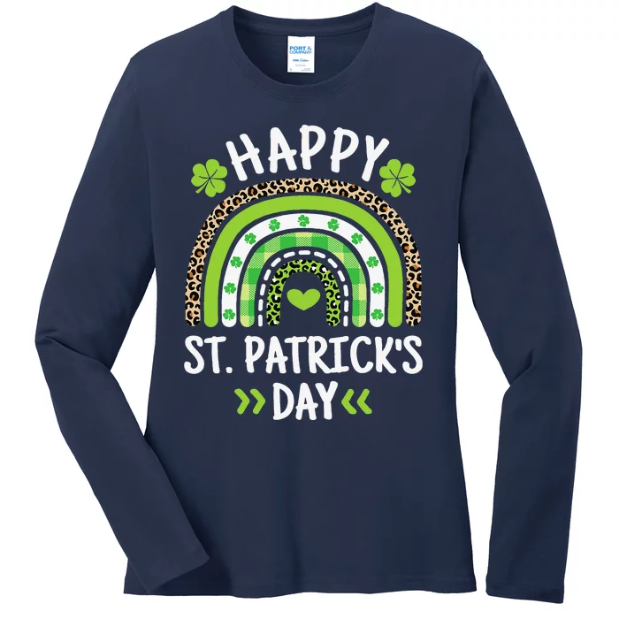 Happy St Patricks Day Leopard Print Rainbow Shamrock Irish Ladies Long Sleeve Shirt