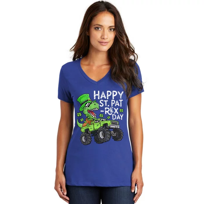 Happy St PatRex Day St Patricks Day Dinosaur Monster Truck Women's V-Neck T-Shirt