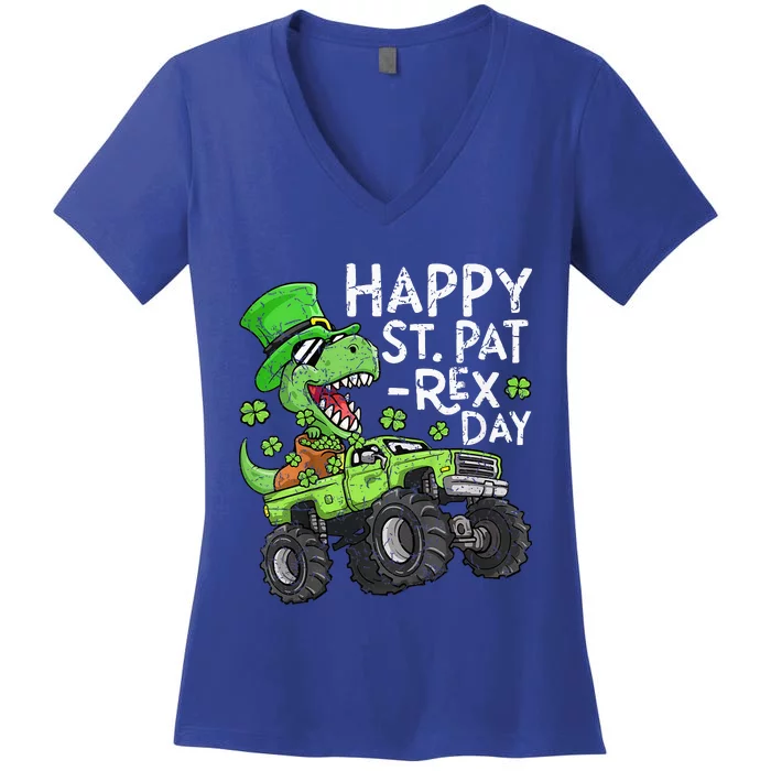 Happy St PatRex Day St Patricks Day Dinosaur Monster Truck Women's V-Neck T-Shirt