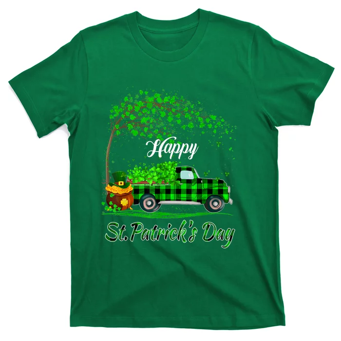 Happy St Patricks Day Green Truck Buffalo Plaid T-Shirt