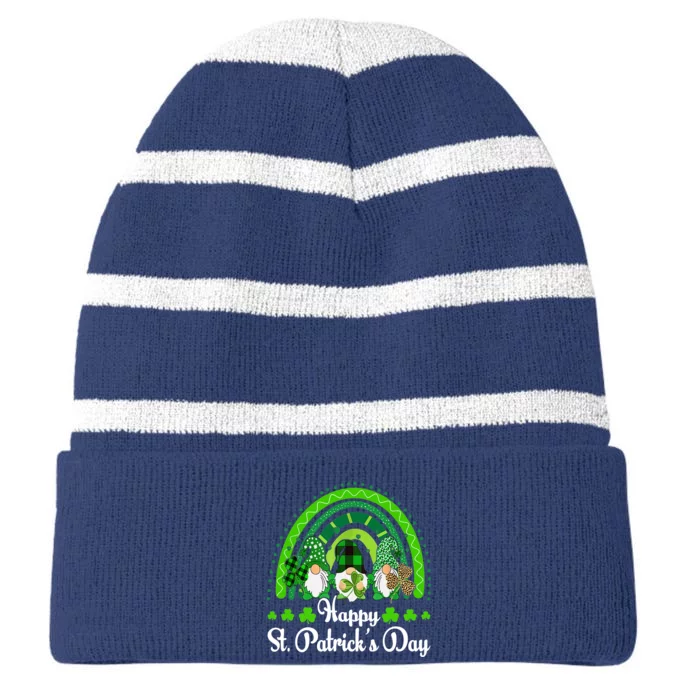 Happy St Patrick's Day Three Gnome Irish Shamrock Leprechaun Striped Beanie with Solid Band