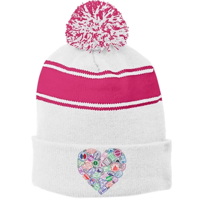 Heart Shaped Passport Travel Stamp Stripe Pom Pom Beanie