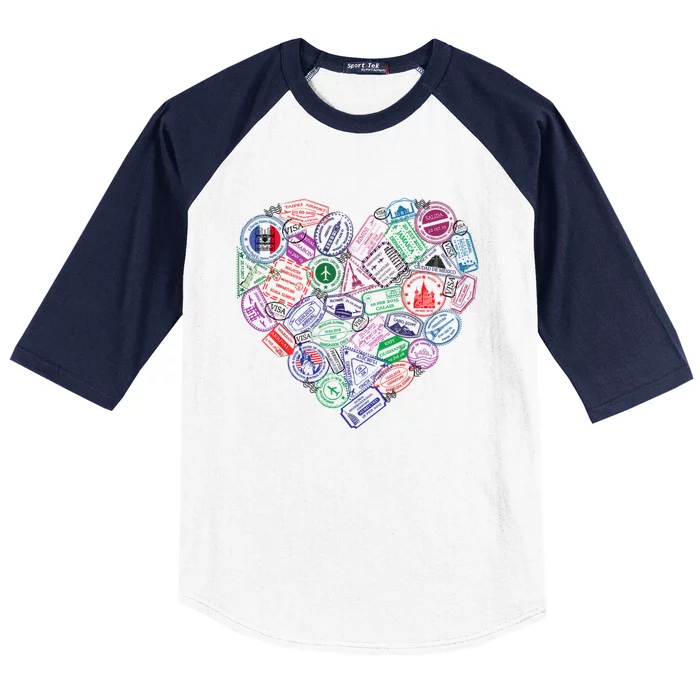 Heart Shaped Passport Travel Stamp Baseball Sleeve Shirt