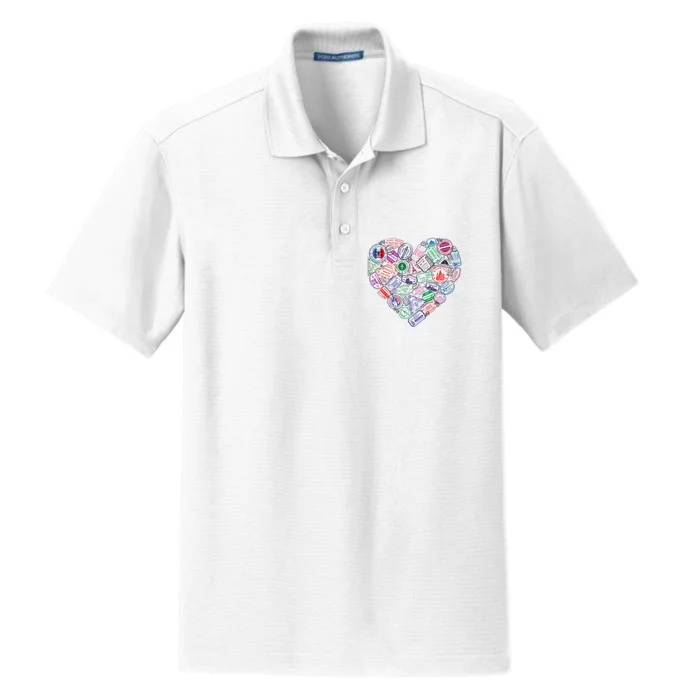 Heart Shaped Passport Travel Stamp Dry Zone Grid Performance Polo