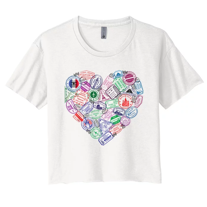 Heart Shaped Passport Travel Stamp Women's Crop Top Tee