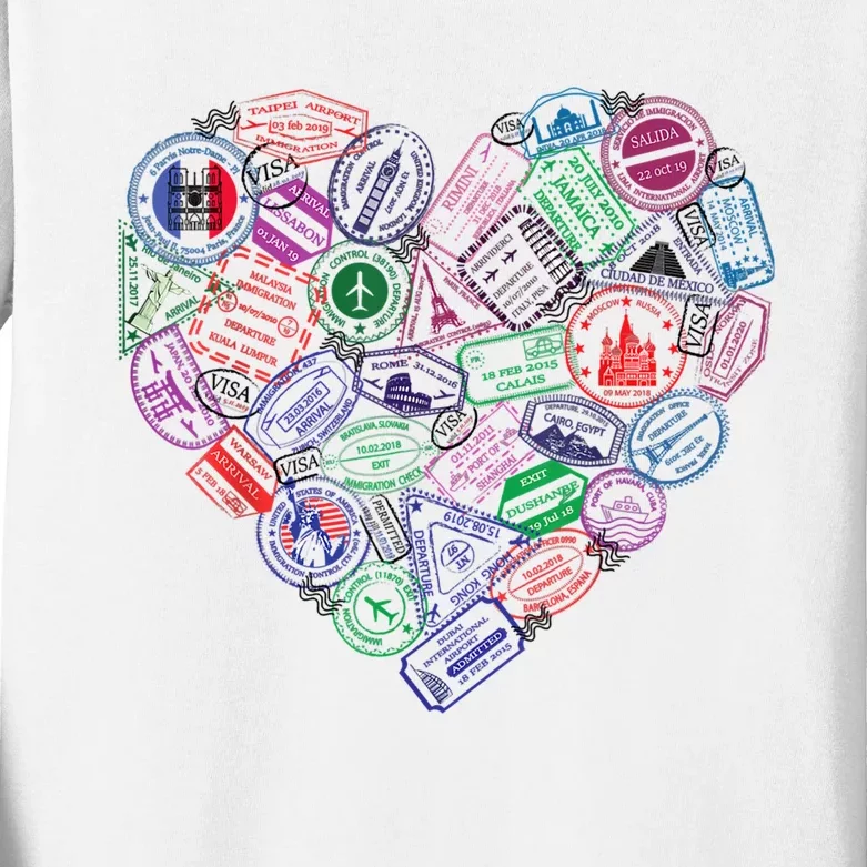 Heart Shaped Passport Travel Stamp Kids Long Sleeve Shirt