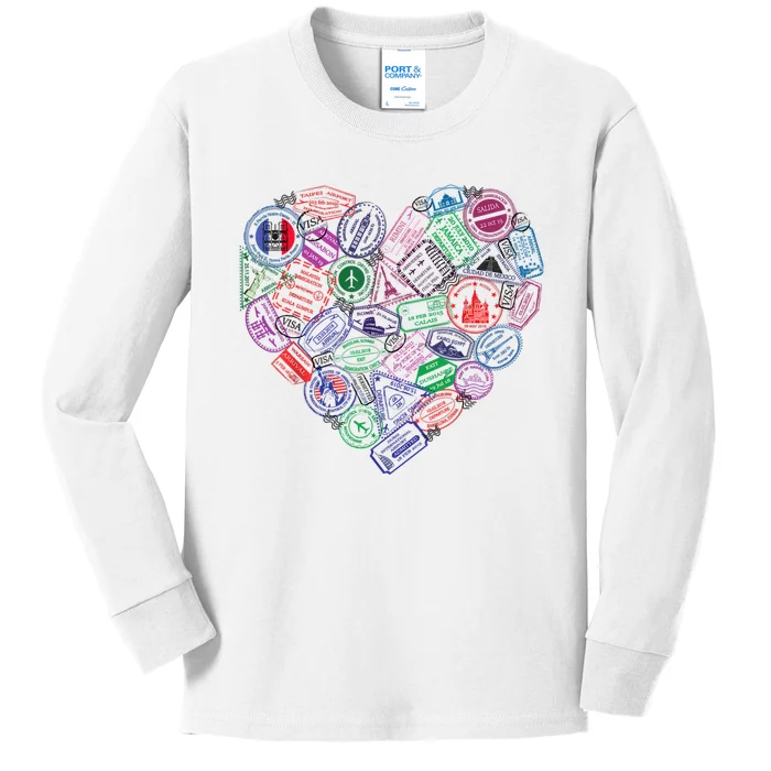 Heart Shaped Passport Travel Stamp Kids Long Sleeve Shirt