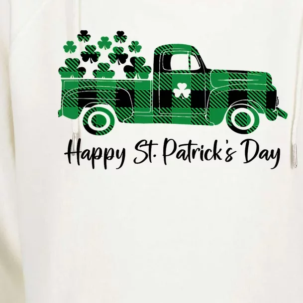 Happy St Patrick's Day Buffalo Plaid Truck Irish Shamrock Womens Funnel Neck Pullover Hood