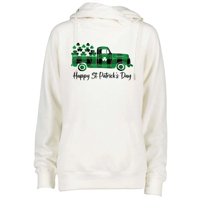 Happy St Patrick's Day Buffalo Plaid Truck Irish Shamrock Womens Funnel Neck Pullover Hood