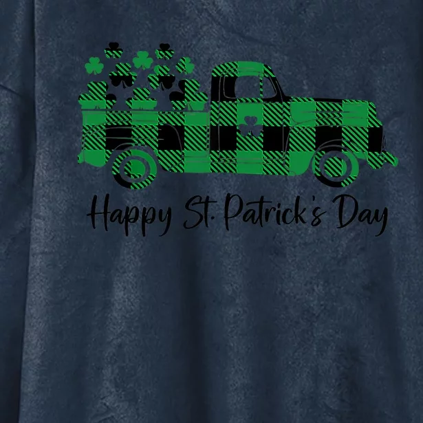 Happy St Patrick's Day Buffalo Plaid Truck Irish Shamrock Hooded Wearable Blanket