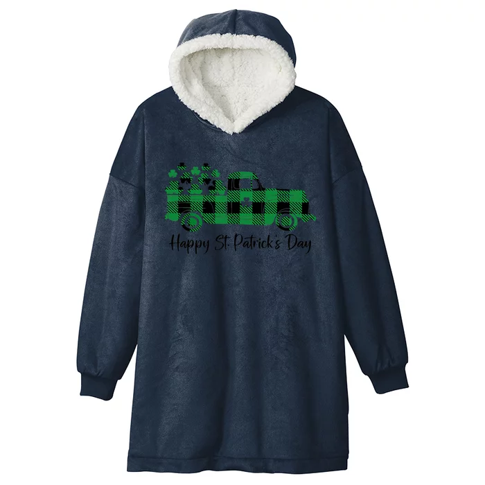 Happy St Patrick's Day Buffalo Plaid Truck Irish Shamrock Hooded Wearable Blanket