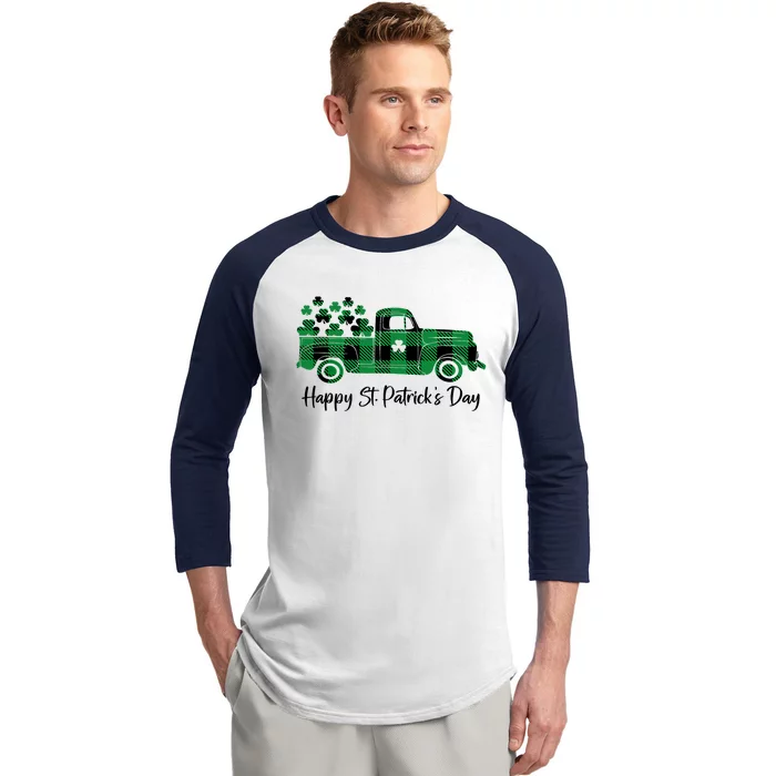 Happy St Patrick's Day Buffalo Plaid Truck Irish Shamrock Baseball Sleeve Shirt