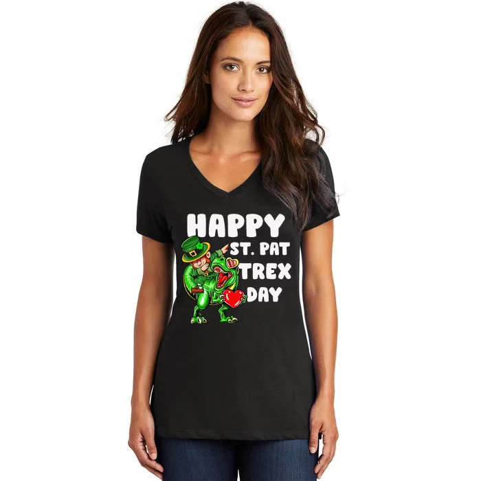 Happy St Pat Trex Day Dino Dinosaur Saint Patrick's Day Women's V-Neck T-Shirt