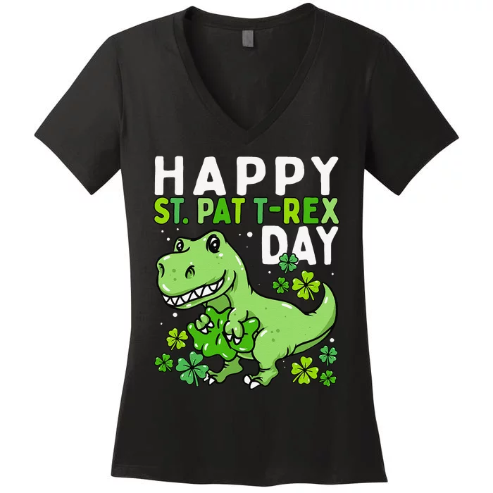 Happy St Pat Trex Day Dinosaur St Patrick's Day Women's V-Neck T-Shirt