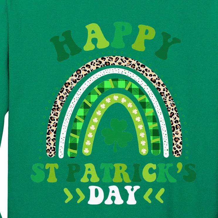 Happy St Patricks Day Leopard Print Rainbow Shamrock Irish Long Sleeve Shirt