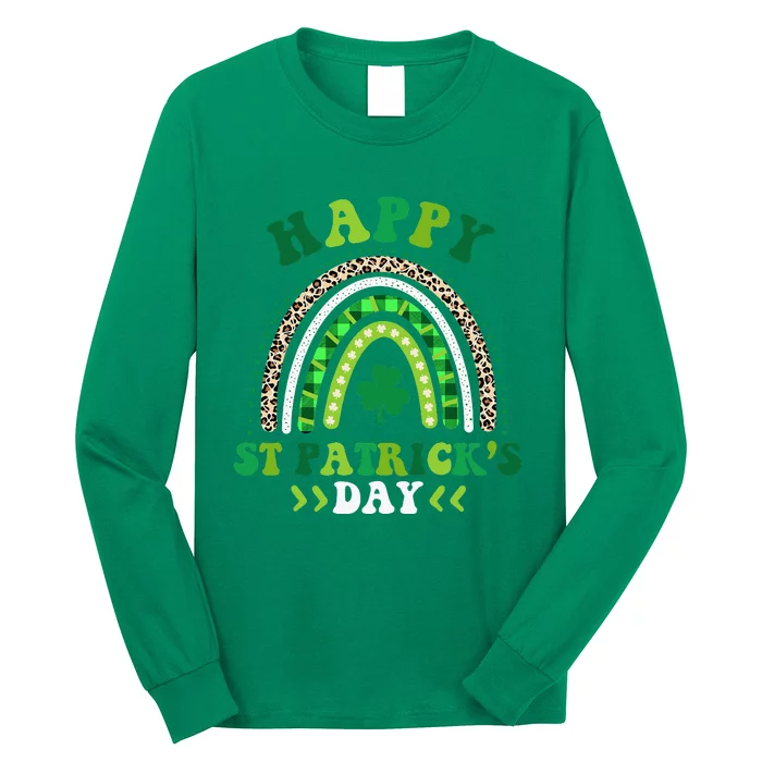 Happy St Patricks Day Leopard Print Rainbow Shamrock Irish Long Sleeve Shirt