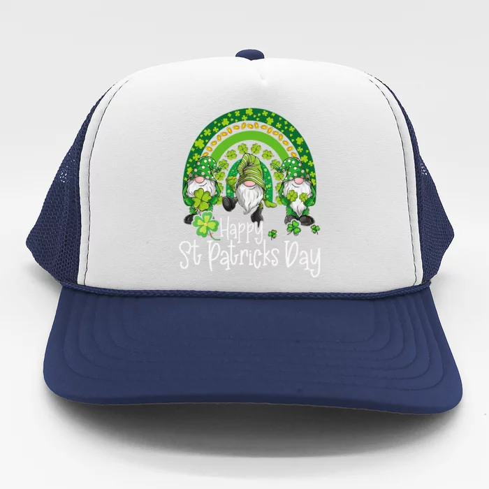 Happy St Patrick's Dayhree Gnomes Holding Shamrock Outfit Love Cute Trucker Hat