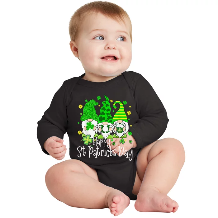 Happy St Patrick's Dayhree Gnomes Holding Shamrock Outfit Baby Long Sleeve Bodysuit