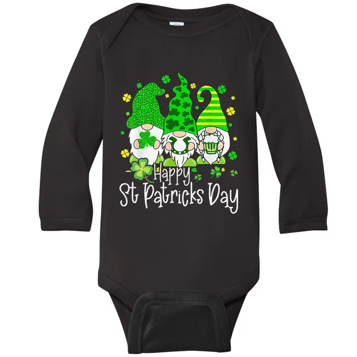 Happy St Patrick's Dayhree Gnomes Holding Shamrock Outfit Baby Long Sleeve Bodysuit