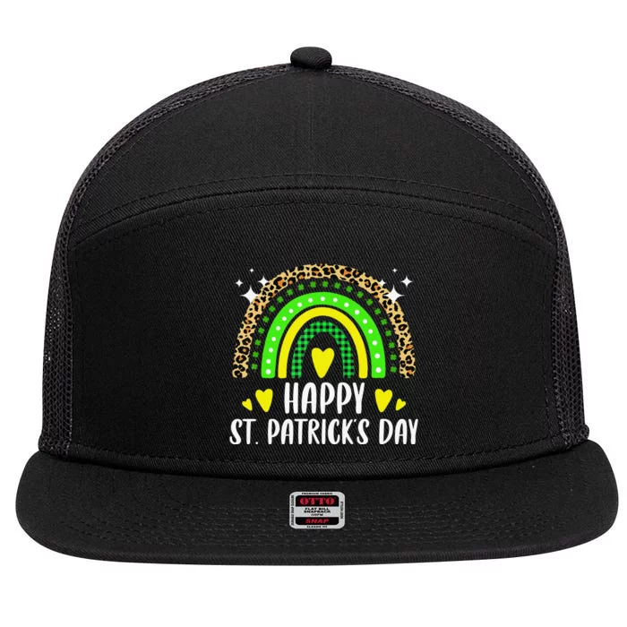 Happy St Patrick's Day Rainbow Leopard Print Shamrock Irish 7 Panel Mesh Trucker Snapback Hat