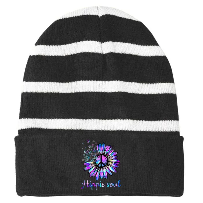 Hippie Soul Psychedelic Daisy Peace Sign Striped Beanie with Solid Band