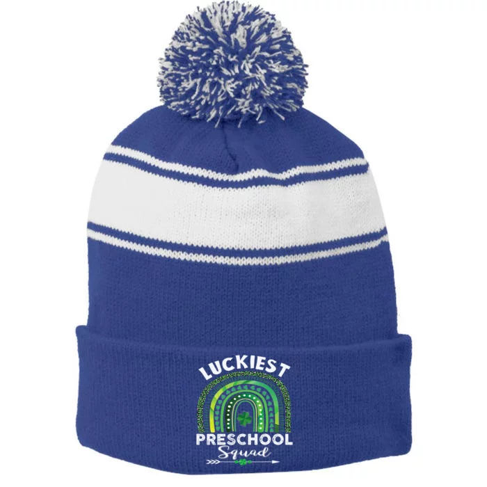 Happy St Patrick Day Teacher Cute Luckiest Preschool Squad Gift Stripe Pom Pom Beanie