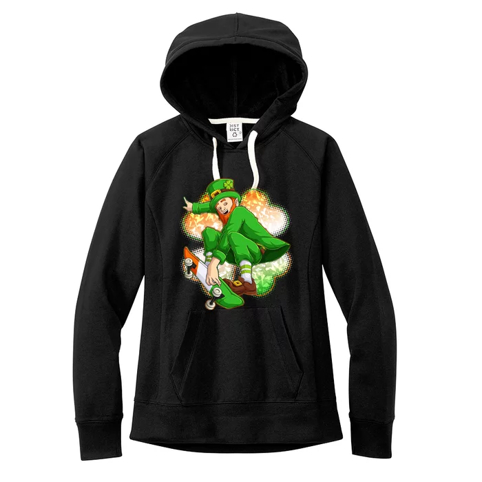 Happy St Patricks Day Skateboarding Leprechaun Women's Fleece Hoodie