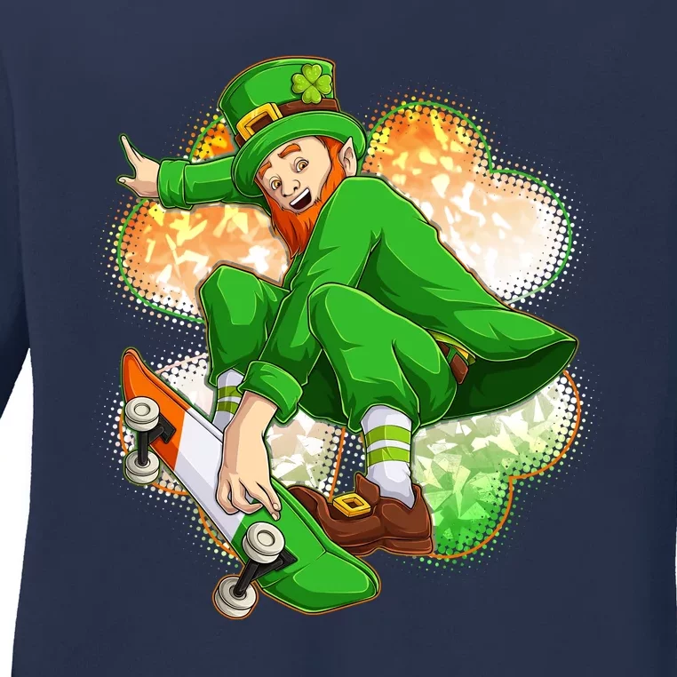 Happy St Patricks Day Skateboarding Leprechaun Ladies Long Sleeve Shirt