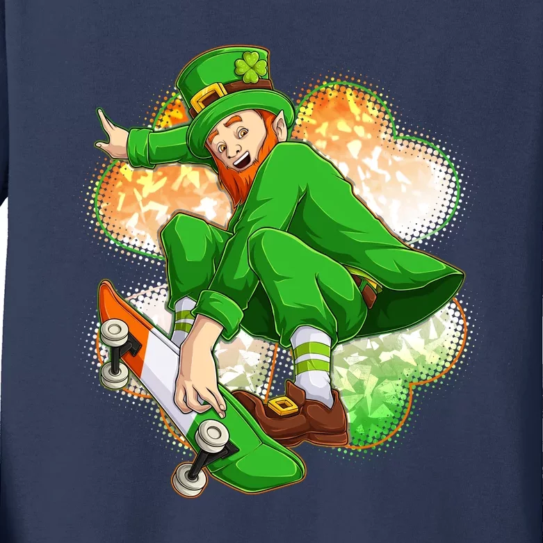 Happy St Patricks Day Skateboarding Leprechaun Kids Long Sleeve Shirt