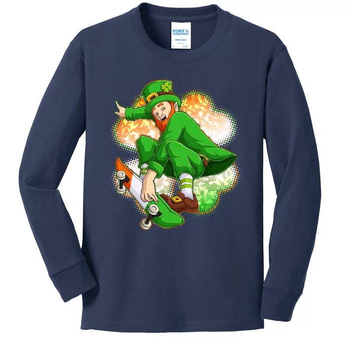 Happy St Patricks Day Skateboarding Leprechaun Kids Long Sleeve Shirt