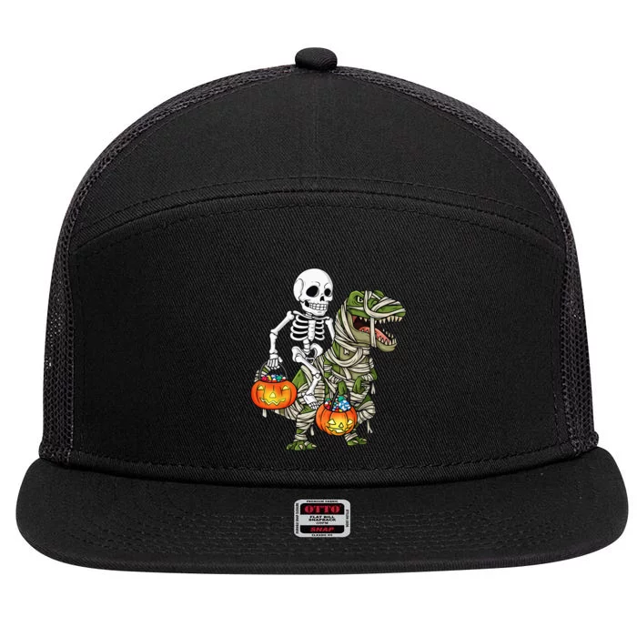 Halloween Skeleton Riding Mummy Dinosaur T Rex Funny Pumpkin 7 Panel Mesh Trucker Snapback Hat