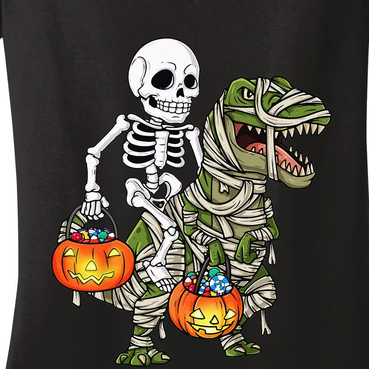 Halloween Skeleton Riding Mummy Dinosaur T Rex Funny Pumpkin Women's V-Neck T-Shirt