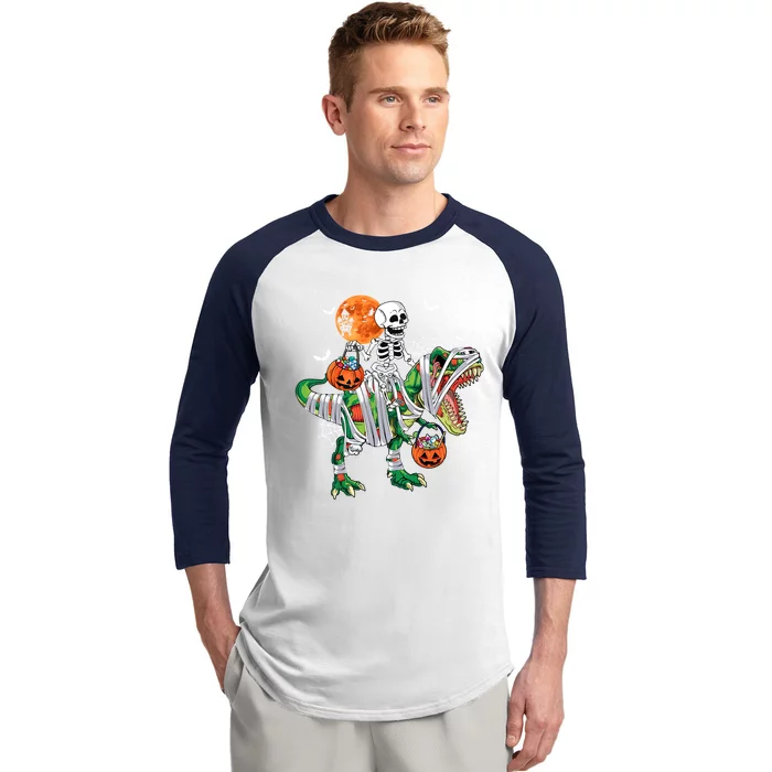 Halloween Skeleton Riding Dinosaur T Rex Moon Pumpkin Candy Cool Gift Baseball Sleeve Shirt