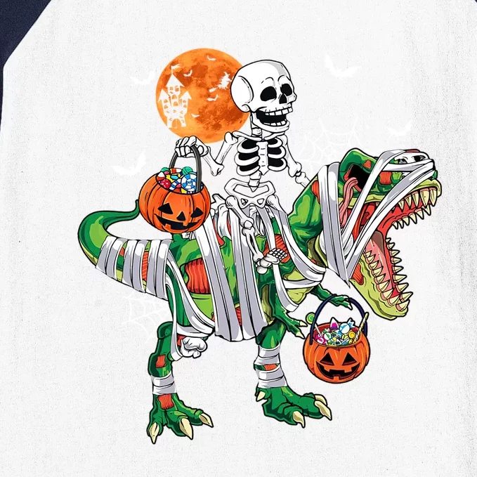 Halloween Skeleton Riding Dinosaur T Rex Moon Pumpkin Candy Cool Gift Baseball Sleeve Shirt