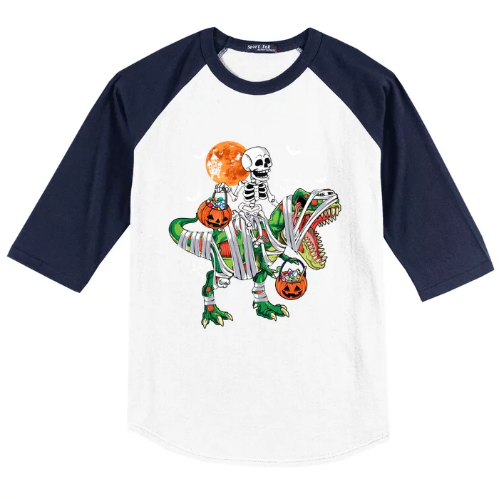 Halloween Skeleton Riding Dinosaur T Rex Moon Pumpkin Candy Cool Gift Baseball Sleeve Shirt