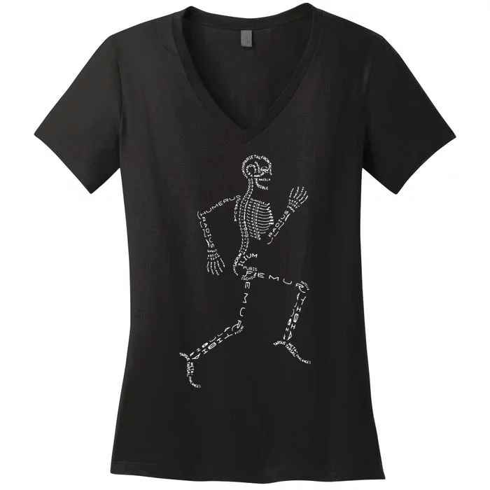 Human Skeleton Running Bone Names Anatomy Labels for Geeks Women's V-Neck T-Shirt