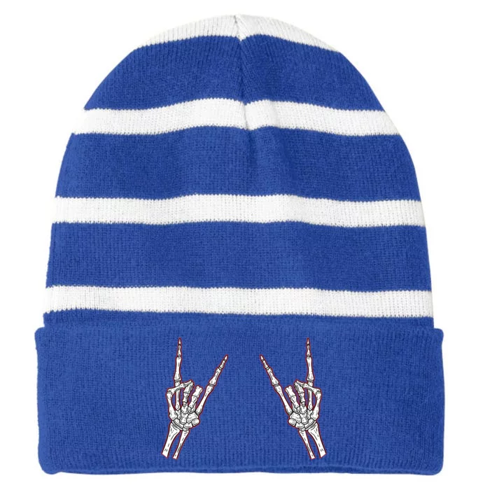 Halloween Skeleton Rock Music Hands Rocker Gift Striped Beanie with Solid Band