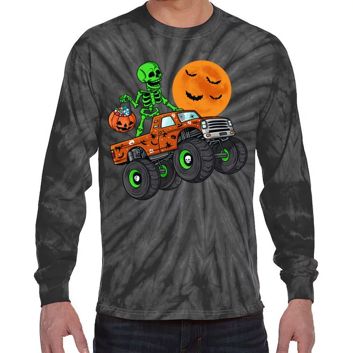 Halloween Skeleton Riding Monster Truck Boy Tie-Dye Long Sleeve Shirt