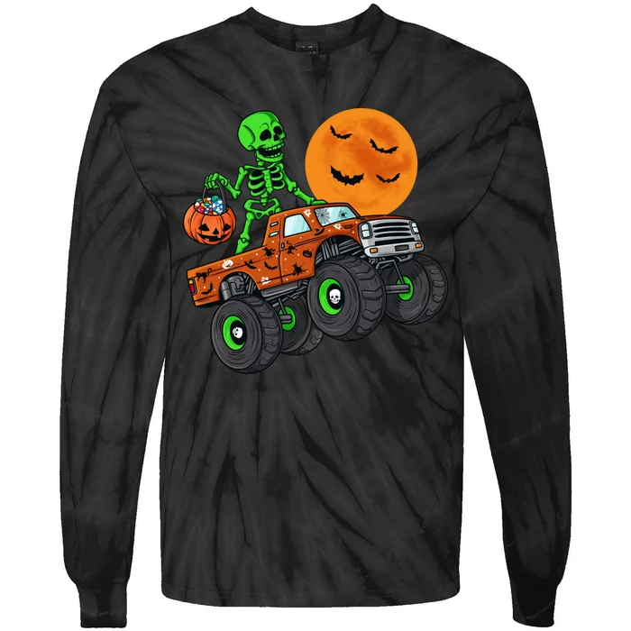 Halloween Skeleton Riding Monster Truck Boy Tie-Dye Long Sleeve Shirt