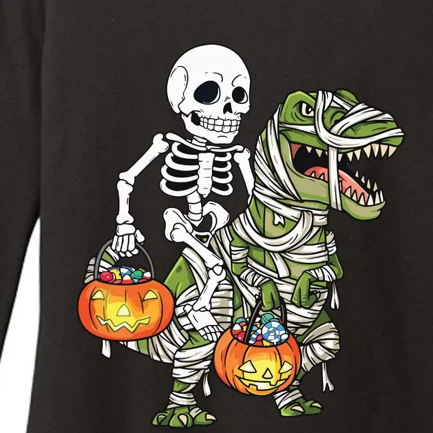 Halloween Skeleton Riding Mummy Dinosaur T Rex Funny Pumpkin Womens CVC Long Sleeve Shirt